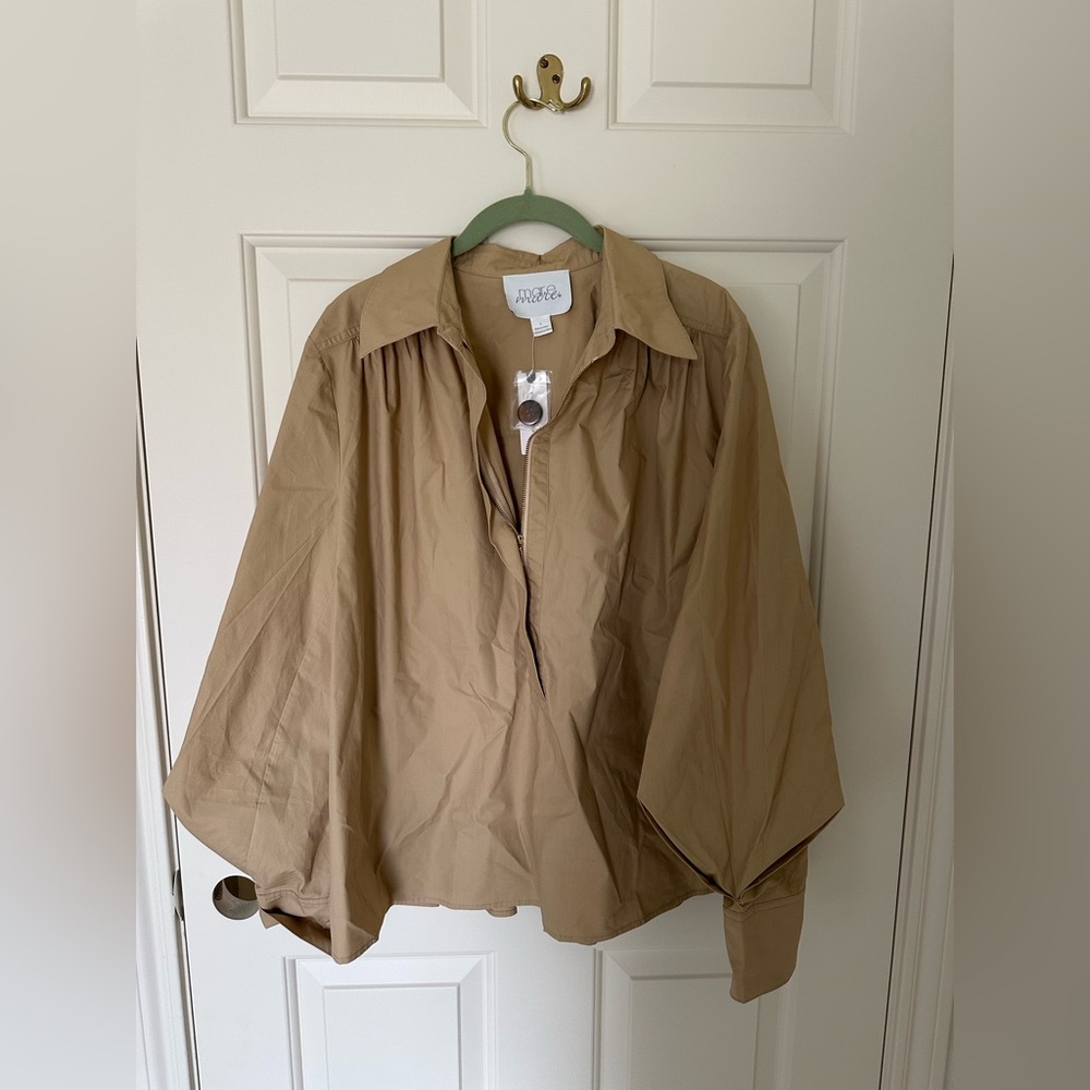 Tan zipper Cape Shirt with puffy sleeves